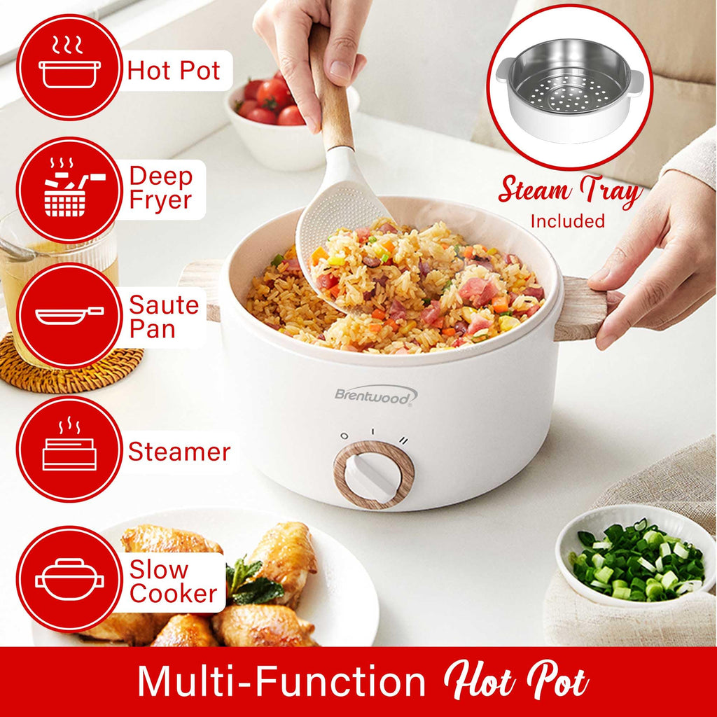 Brentwood 1.5-Liter Multi-Function Electric Hot Pot Cooker with Steamer, White