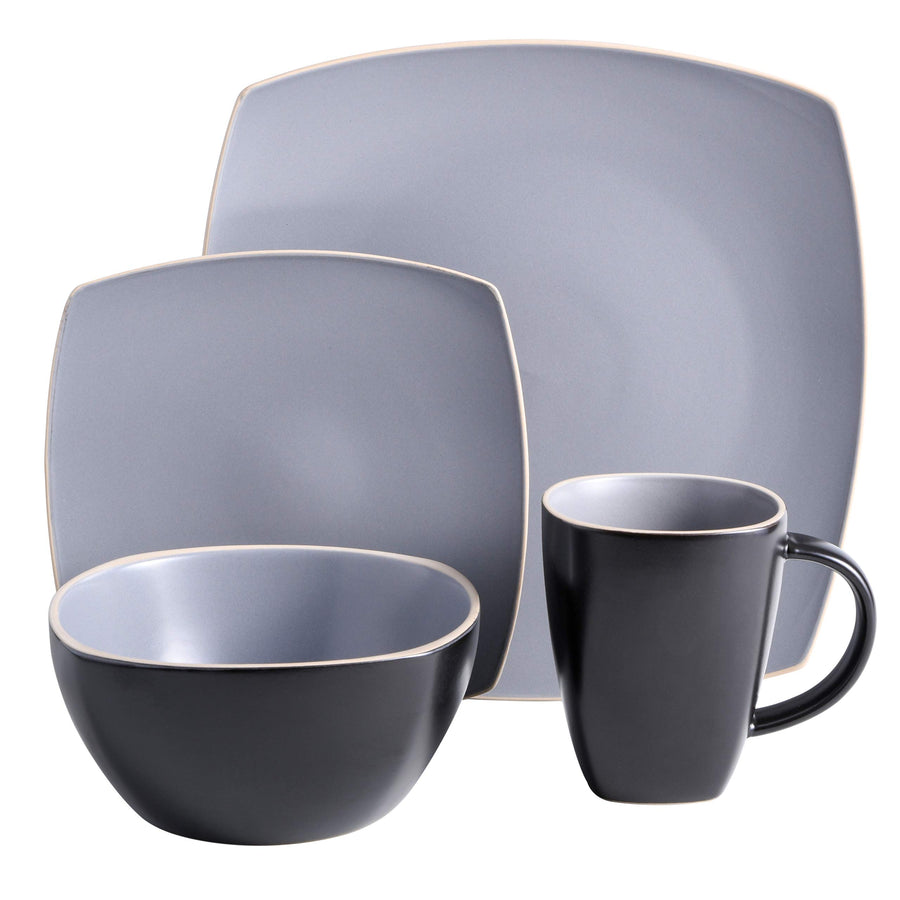 Gibson Elite Soho Lounge 16-Piece Square Stoneware Dinnerware Set, Service for 4, Matte Gray