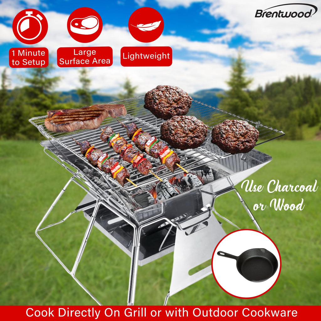 Brentwood BB-6X20SS 20 Inch Portable Folding Stainless Steel Charcoal BBQ Grill and Fire Pit with Carry Bag