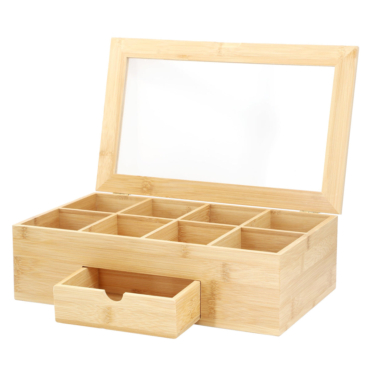 Elama Bamboo Tea Box Organizer with Acrylic Window & Drawer, 8 Compartments, 13 x 8 in.
