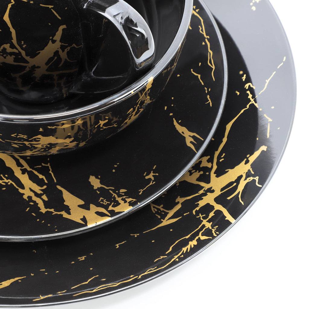 Elama Fine Marble 16 Piece Glossy Round Porcelain Dinnerware Set Black and Gold, Tableware Set, Serveware Set (Black)