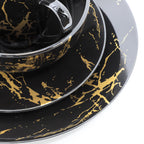 Elama Fine Marble 16 Piece Glossy Round Porcelain Dinnerware Set Black and Gold, Tableware Set, Serveware Set (Black)