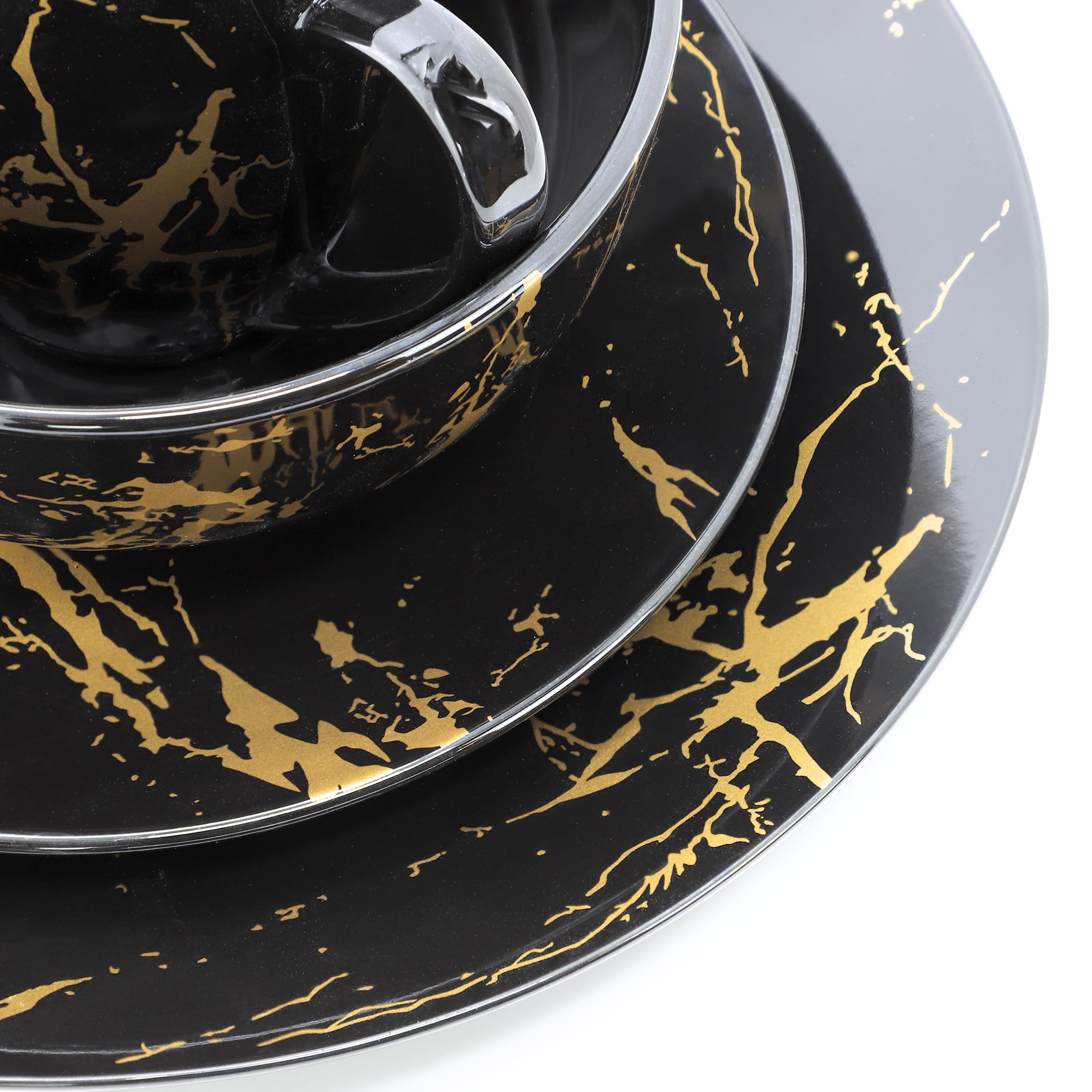 Elama Fine Marble 16 Piece Glossy Round Porcelain Dinnerware Set Black and Gold, Tableware Set, Serveware Set (Black)