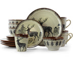 Elama Majestic Elk 16-Piece Round Stoneware Dinnerware Set – Taupe Wildlife Service for 4