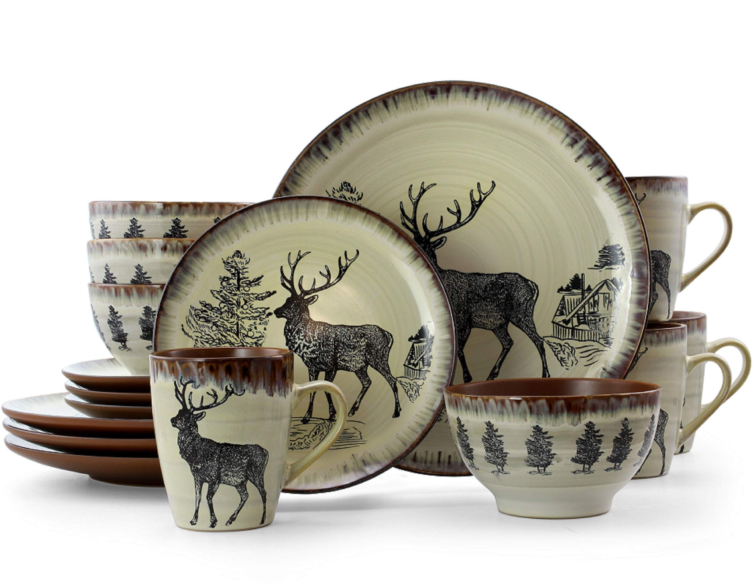 Elama Majestic Elk 16-Piece Round Stoneware Dinnerware Set – Taupe Wildlife Service for 4
