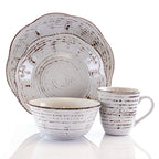 Elama Rustic Birch 16-Piece Embossed Scalloped Stoneware Dinnerware Set – White with Brown Accents Service for 4