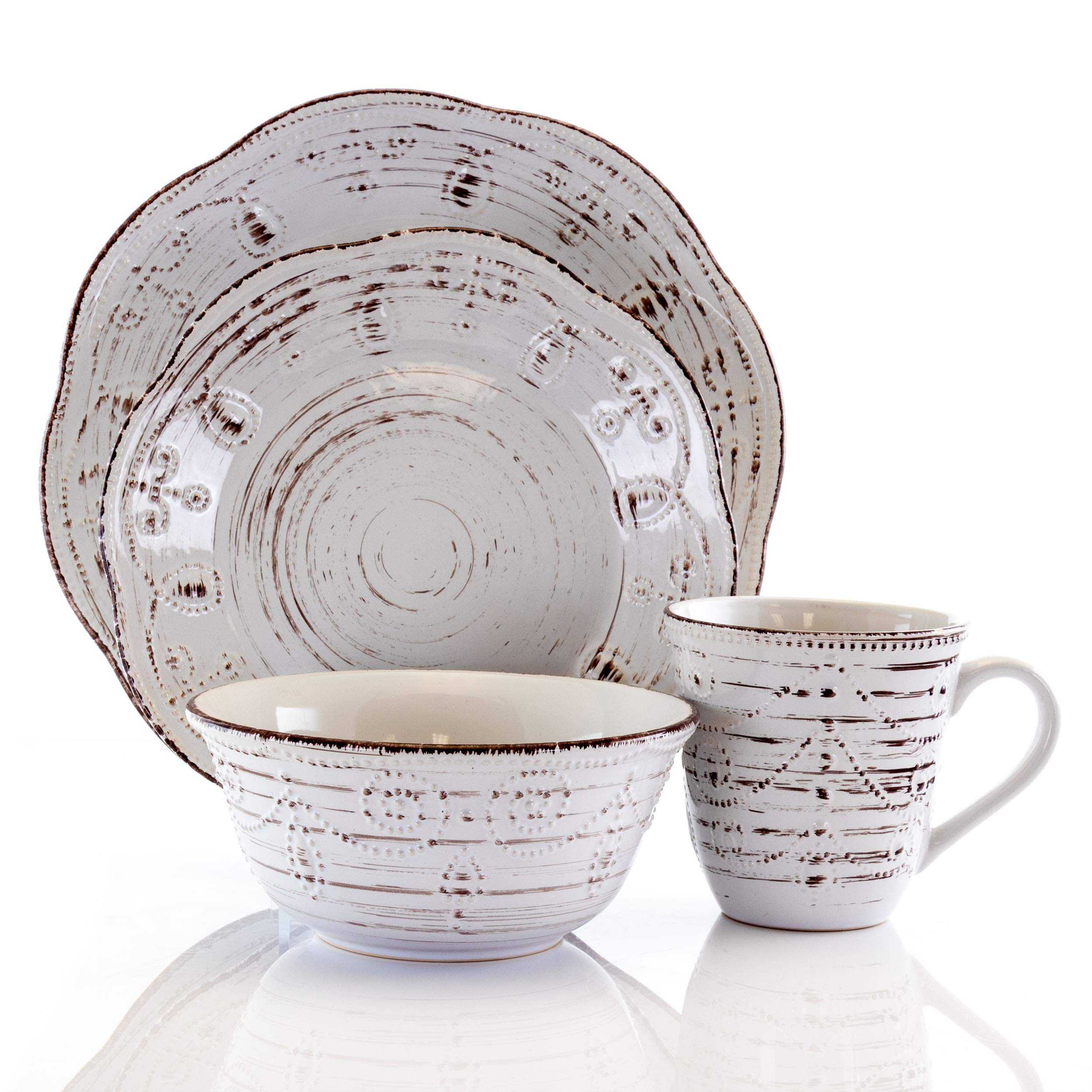 Elama Rustic Birch 16-Piece Embossed Scalloped Stoneware Dinnerware Set – White with Brown Accents Service for 4