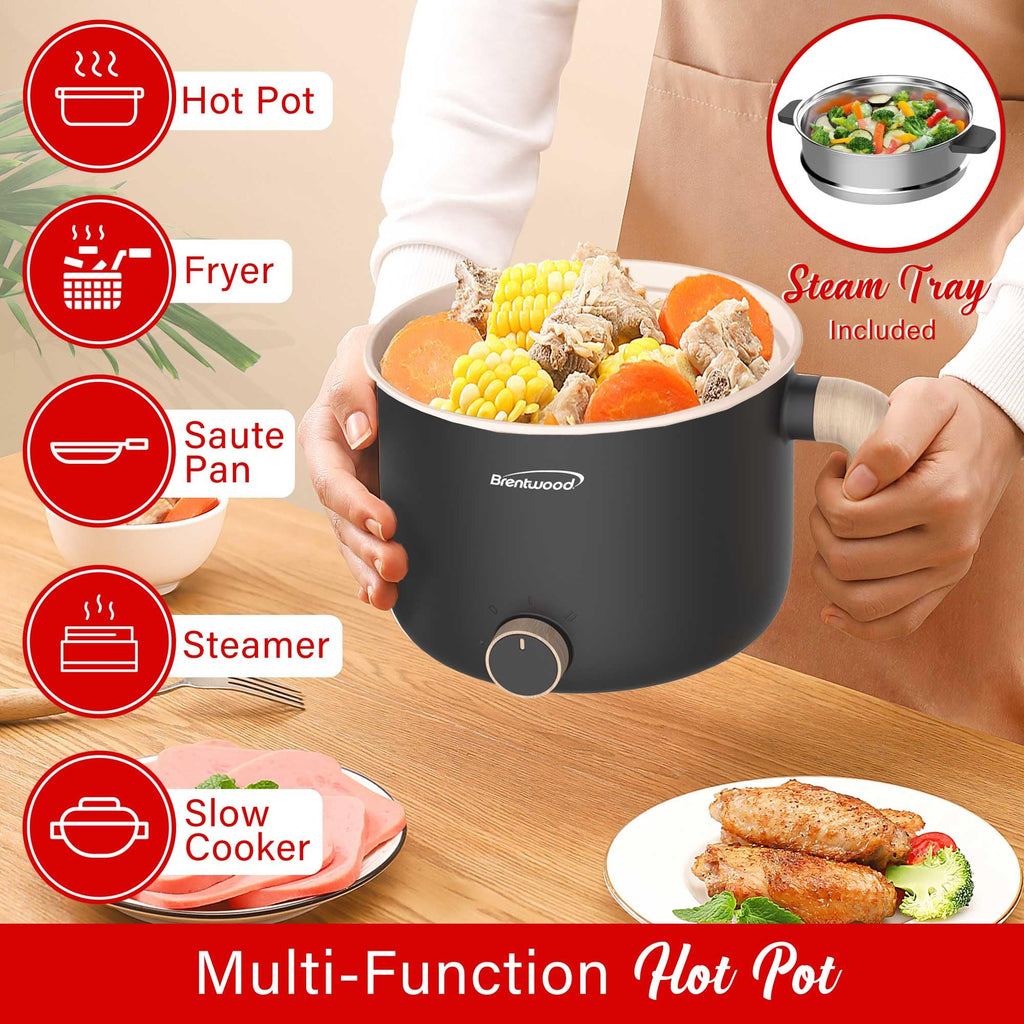 Brentwood HPS-3172BK 1.5 L Multi-Function Electric Hot Pot Cooker with Steamer, Black