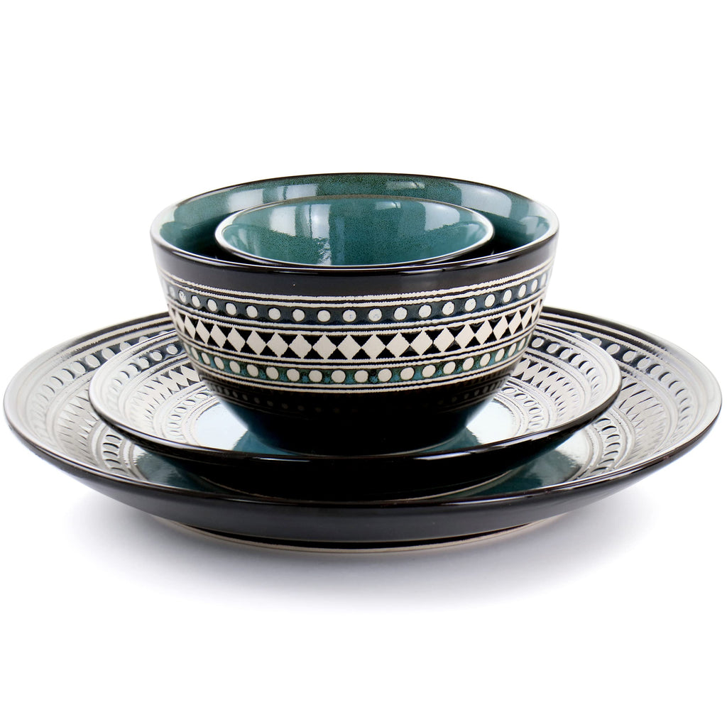 Elama Blue Sage 16-Piece Double Bowl Stoneware Dinnerware Set – Blue Geometric Rim Service for 4