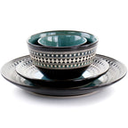Elama Blue Sage 16-Piece Double Bowl Stoneware Dinnerware Set – Blue Geometric Rim Service for 4