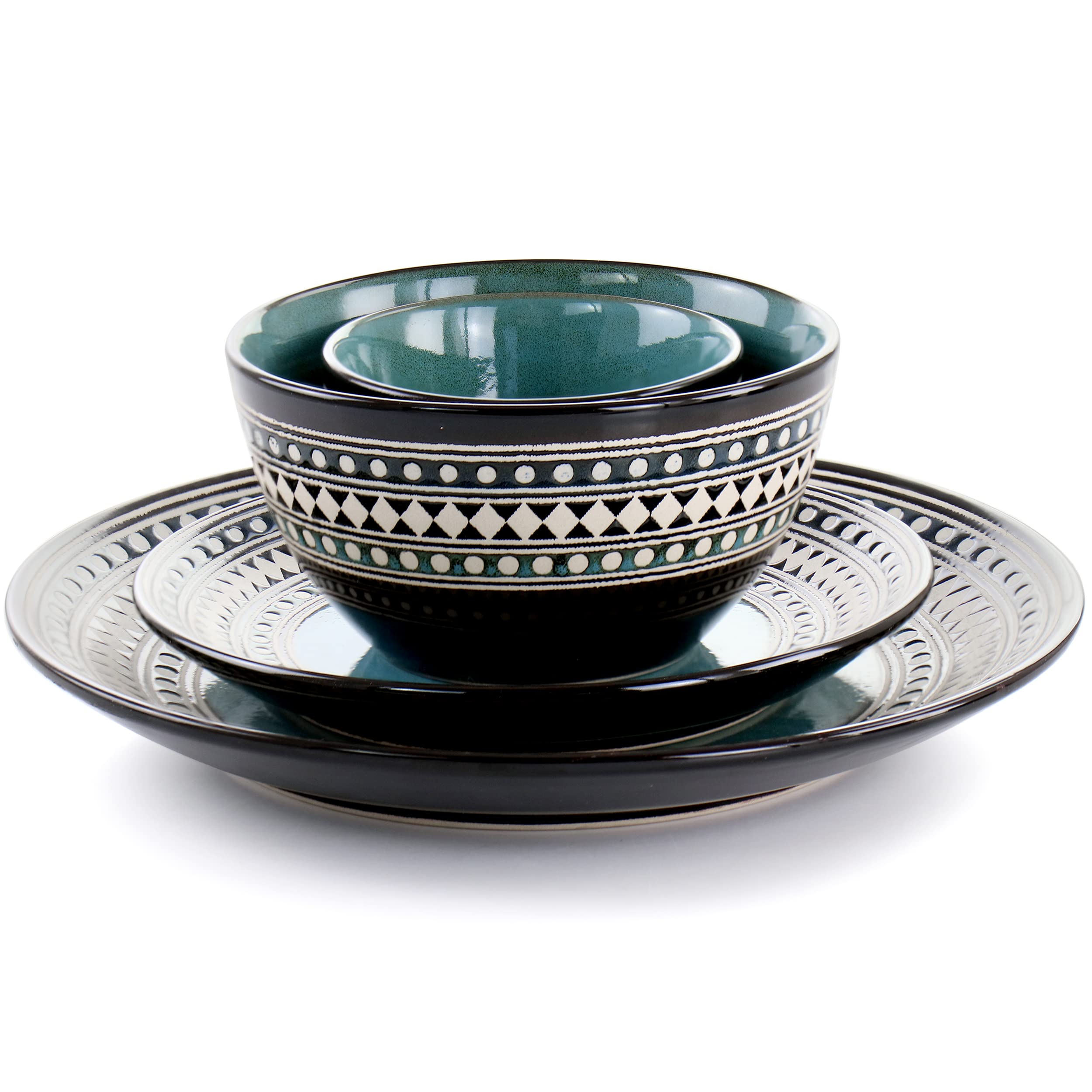 Elama Blue Sage 16-Piece Double Bowl Stoneware Dinnerware Set – Blue Geometric Rim Service for 4