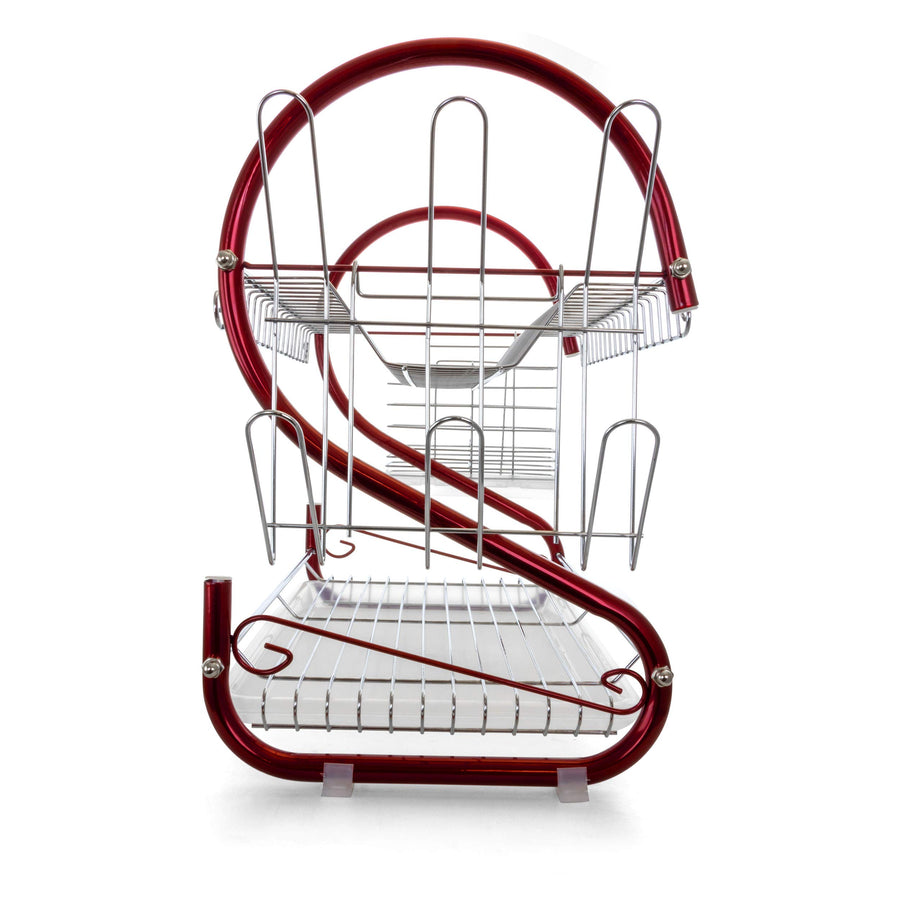 Empty MegaChef red 2-tier dish rack side view showing the S-shaped frame, upper plate tier and lower wire shelf