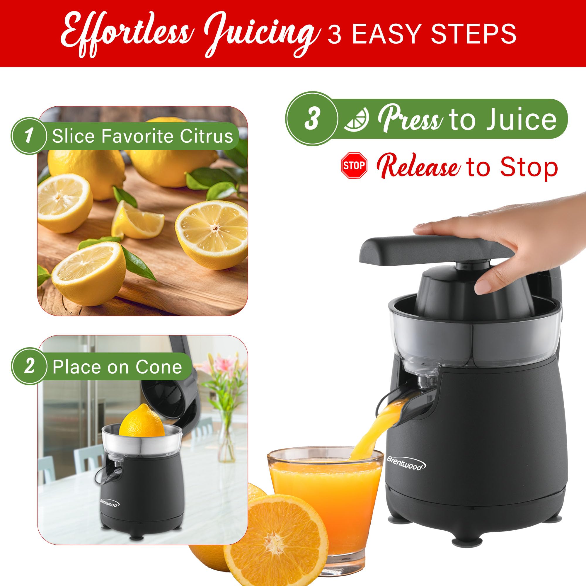 Brentwood J-26BK 80W Electric Citrus Juicer with Two Cones and Lockable Spout - Black