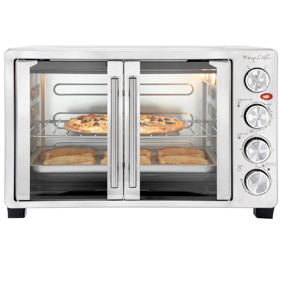 MegaChef 31.7 qt French door toaster oven, 1500W stainless steel, front view with pizza on the rack and toast on the tray