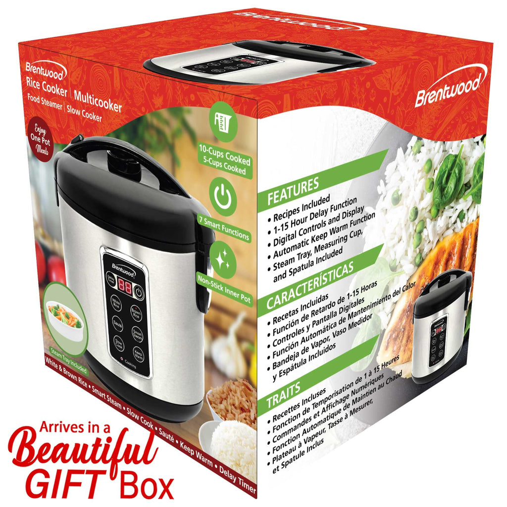 Brentwood RC-5110DS 7-Function Smart Rice Multi-Cooker, Stainless Steel - 5 Cups Uncooked / 10 Cups Cooked, Saute & 15-Hour Delay Timer