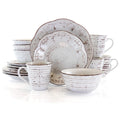 Elama Rustic Birch 16-Piece Embossed Scalloped Stoneware Dinnerware Set – White with Brown Accents Service for 4