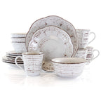 Elama Rustic Birch 16-Piece Embossed Scalloped Stoneware Dinnerware Set – White with Brown Accents Service for 4