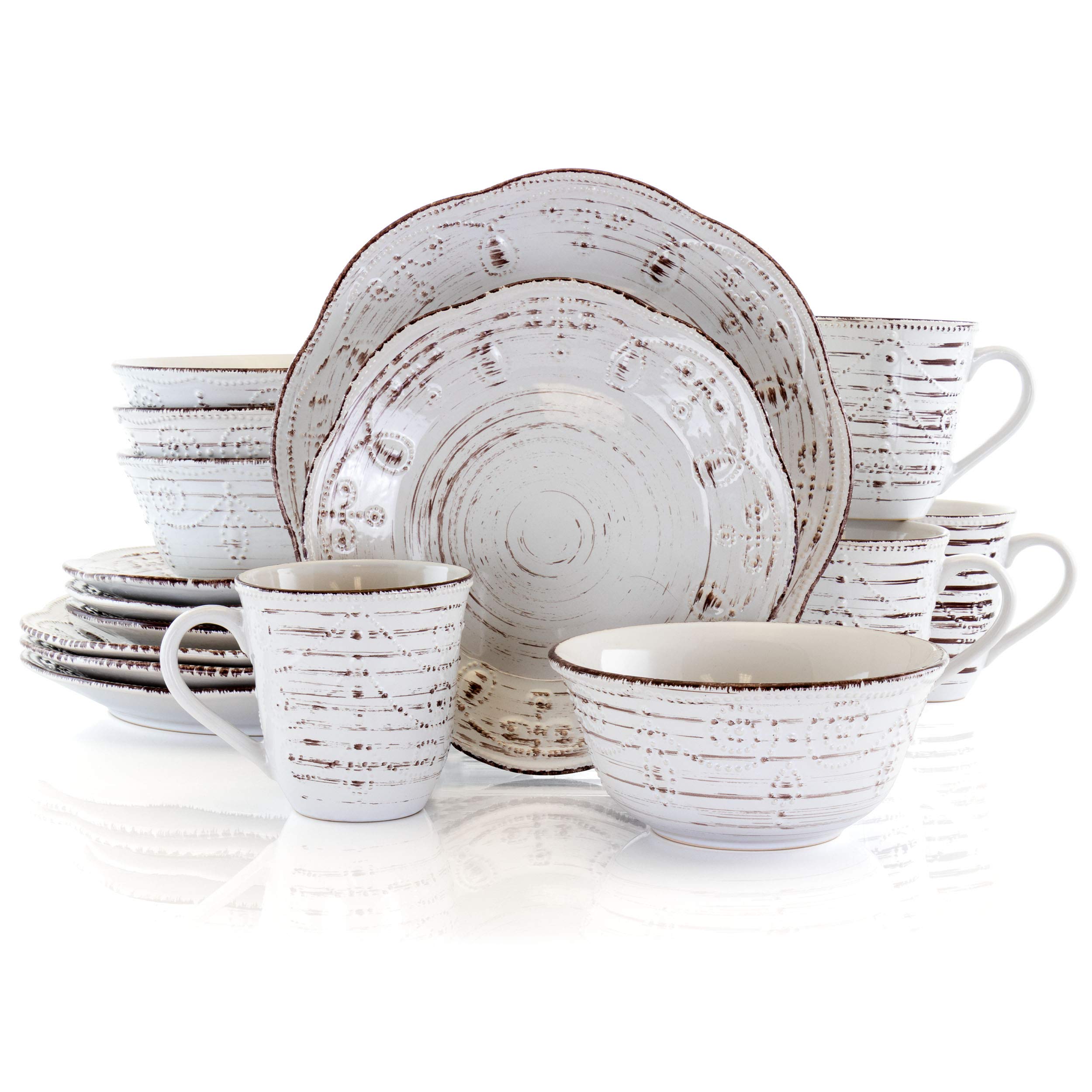 Elama Rustic Birch 16-Piece Embossed Scalloped Stoneware Dinnerware Set – White with Brown Accents Service for 4