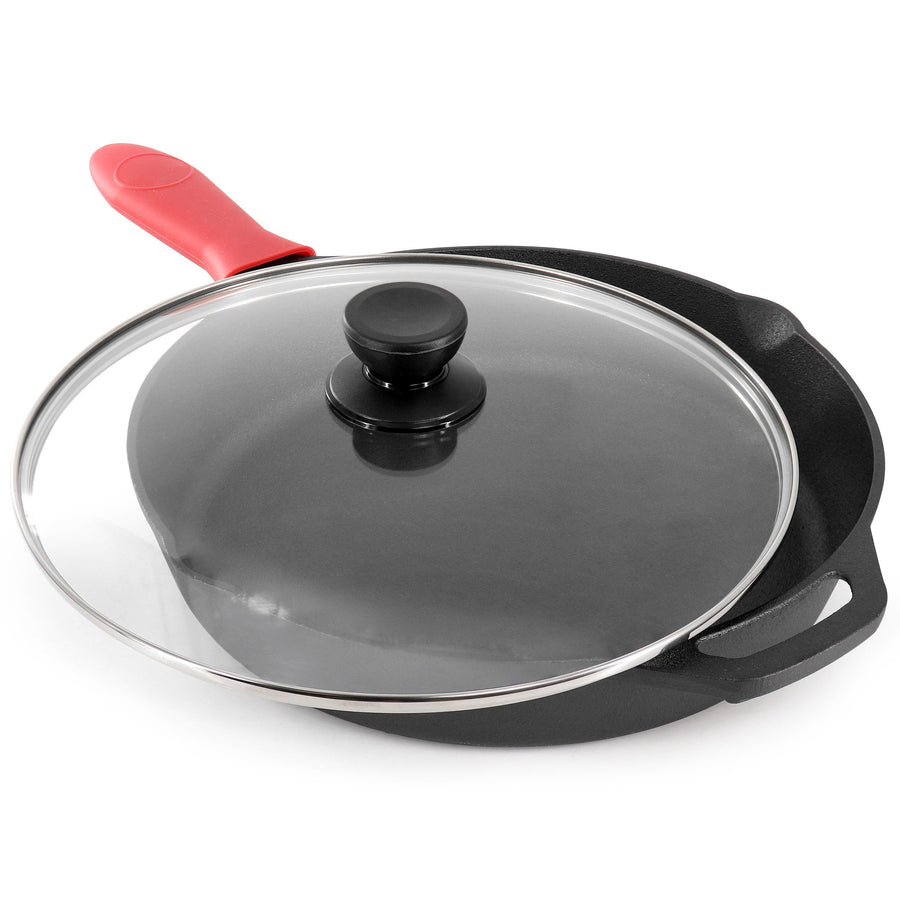 MegaChef 12 Inch Pre-Seasoned Cast Iron Skillet with Tempered Glass Lid
