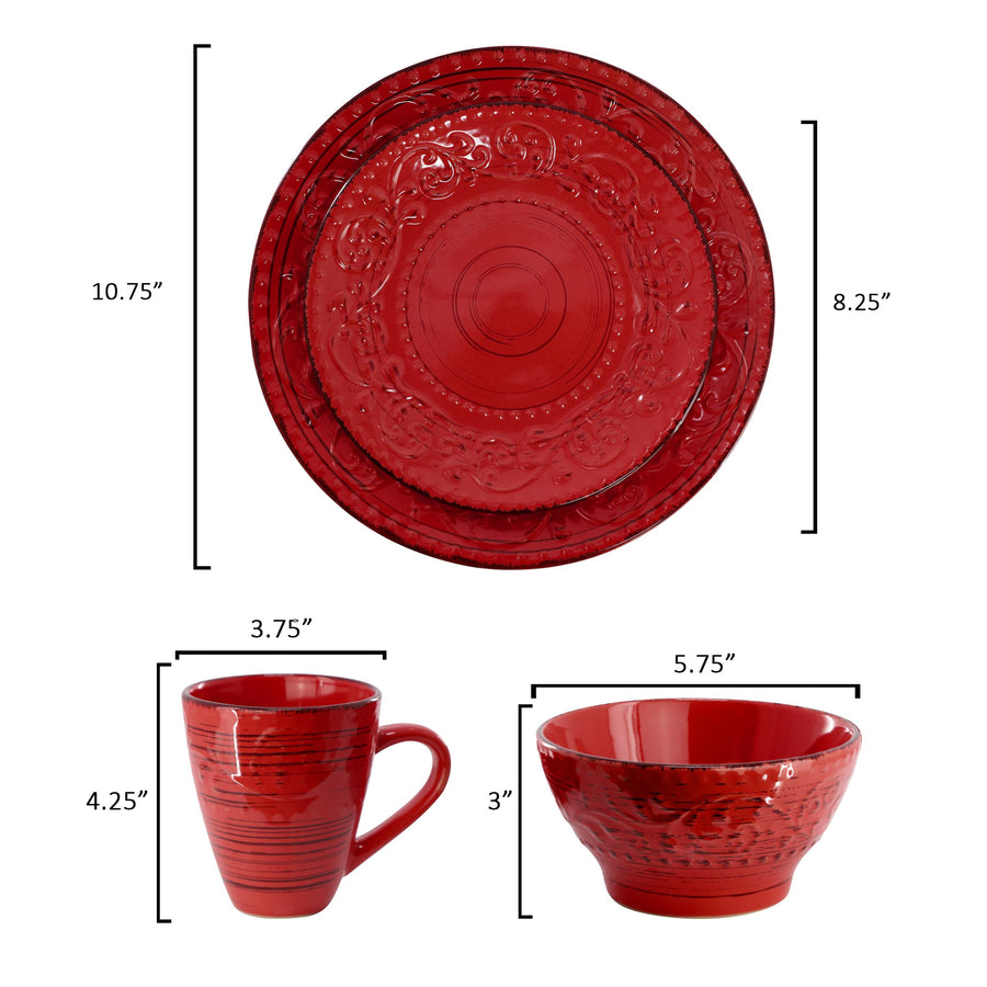 Elama Malibu Ocean Bloom 16-Piece Stoneware Dinnerware Set, Reactive Glaze Red - Service for 4