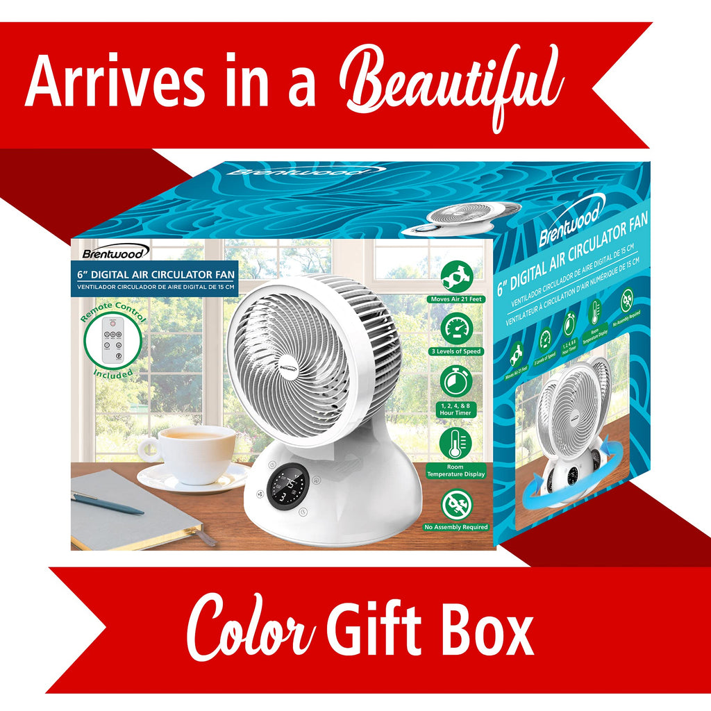 Brentwood 6" 3-Speed Oscillating Desktop Fan – White with Remote, Timer & Auto Shut-Off