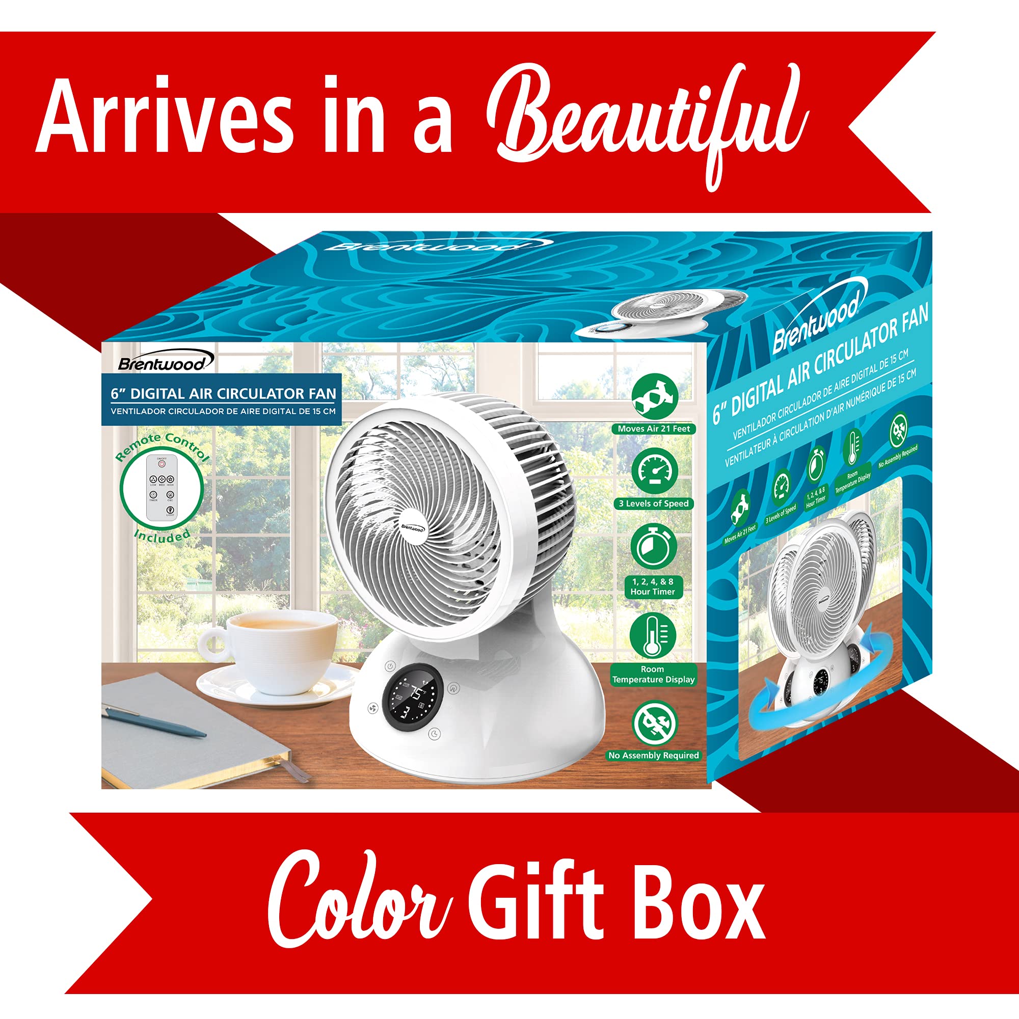 Brentwood 6" 3-Speed Oscillating Desktop Fan – White with Remote, Timer & Auto Shut-Off