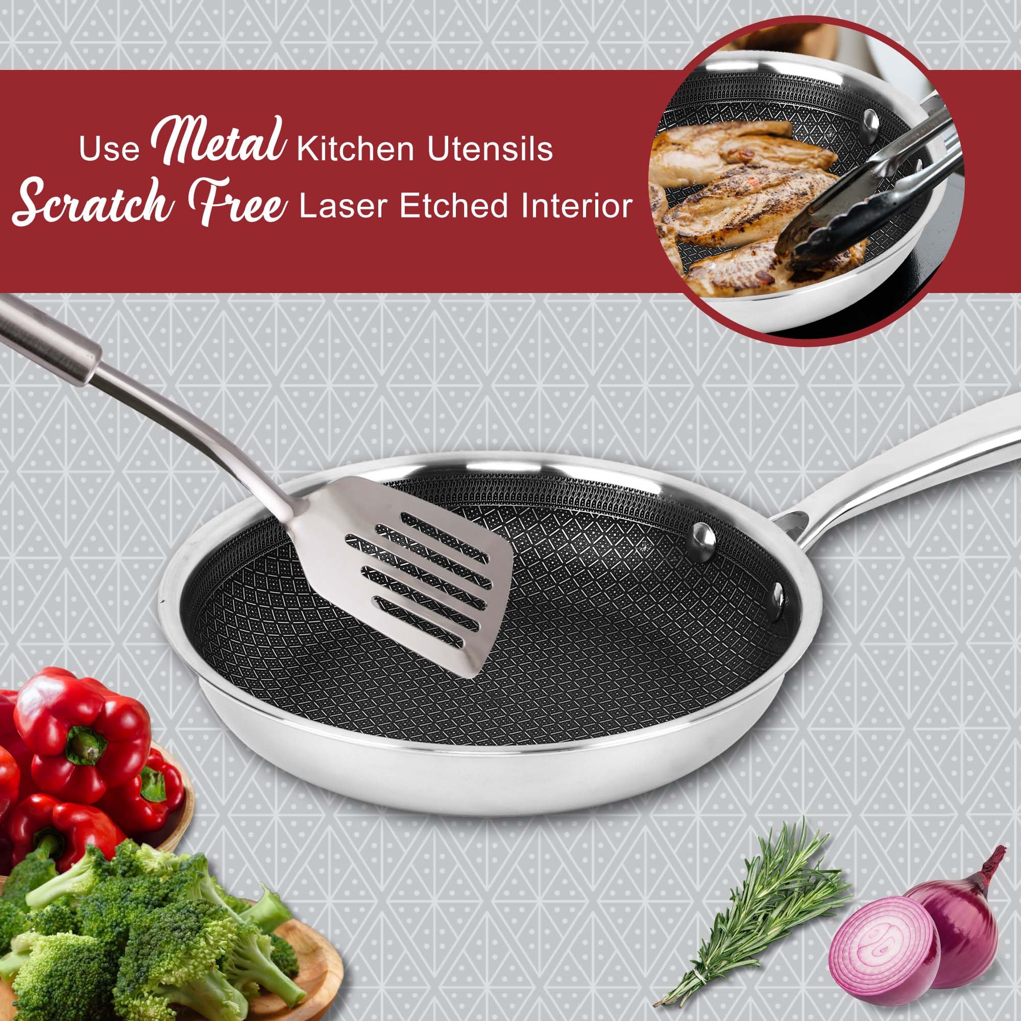 Brentwood B-FH20 8-Inch 3-Ply Hybrid Non-Stick Stainless Steel Frying Pan - Induction Ready, Oven Safe to 570°F, Metal Utensil Safe