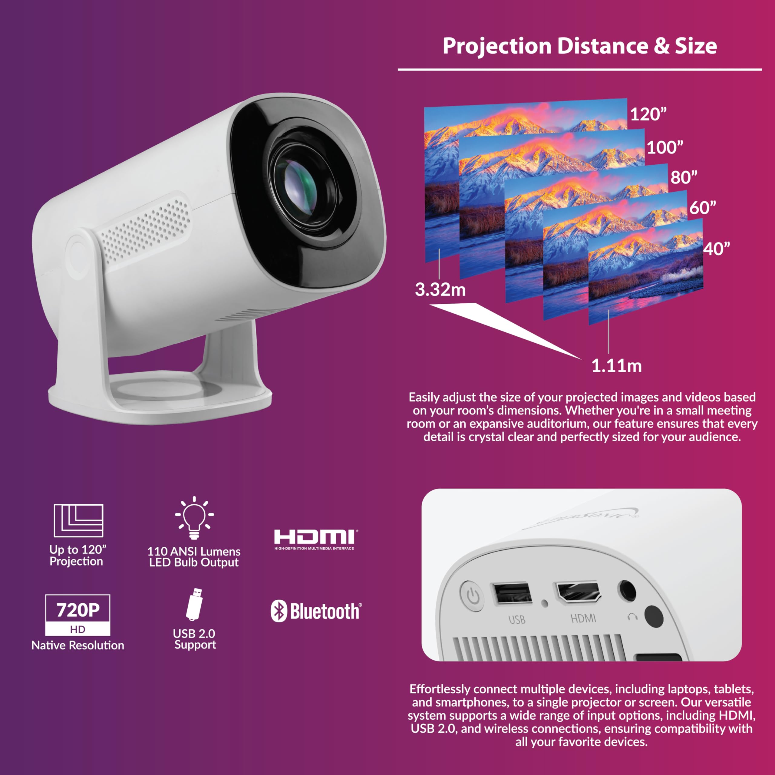 SuperSonic SC-92P Smart WiFi Streaming Projector with Bluetooth 5.3 and Aurora Light Effect - White