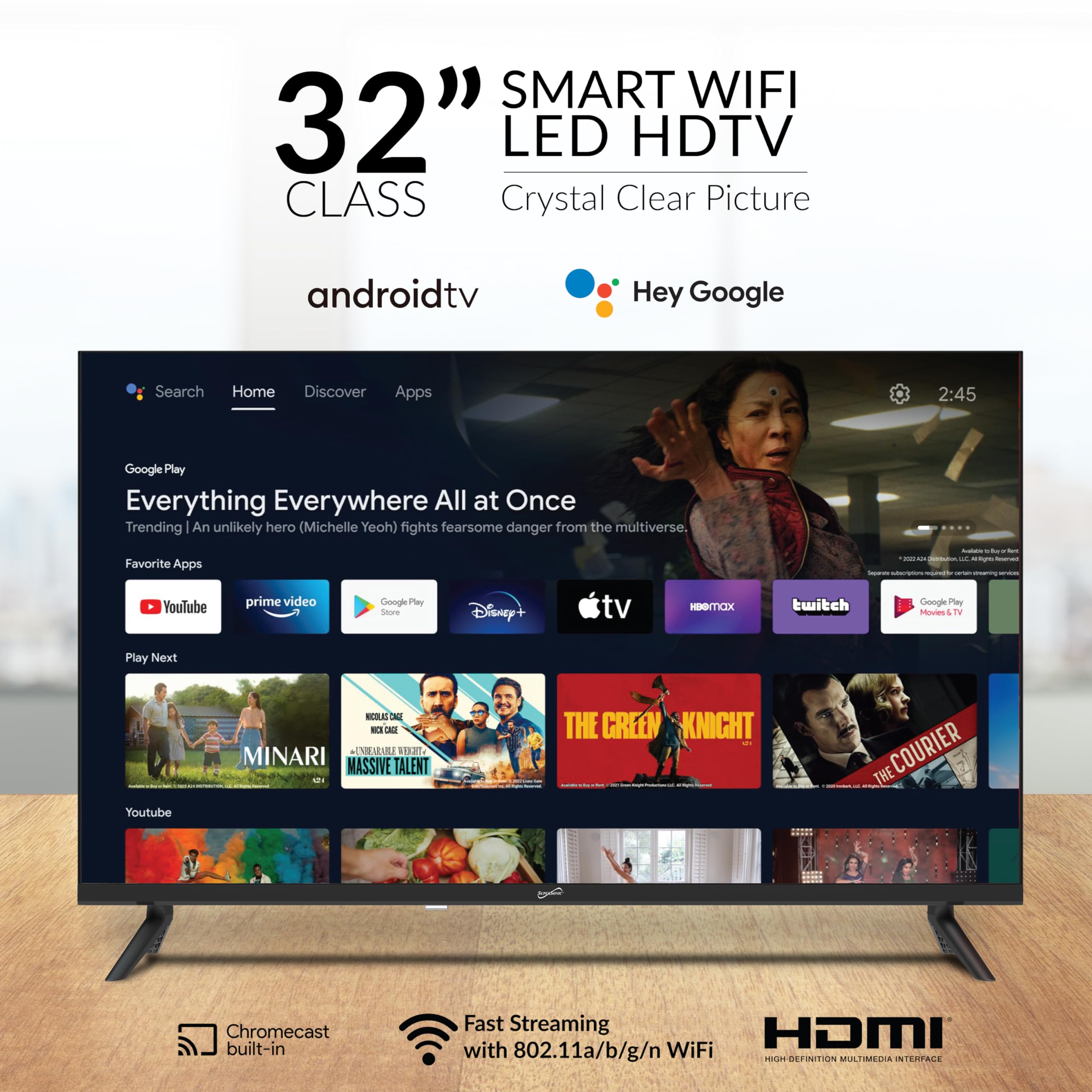 SuperSonic SC-3250GTV 32-Inch LED Android Smart HDTV - Google Assistant, 3 HDMI, Built-In ATSC Tuner, Wi-Fi, AC/DC Compatible