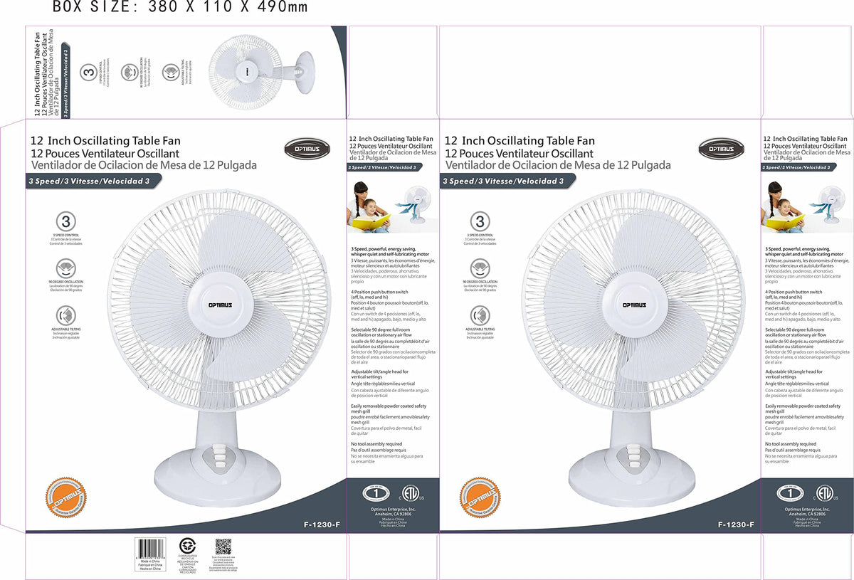 Optimus F-1230 12-Inch 3-Speed Oscillating Table Fan, White