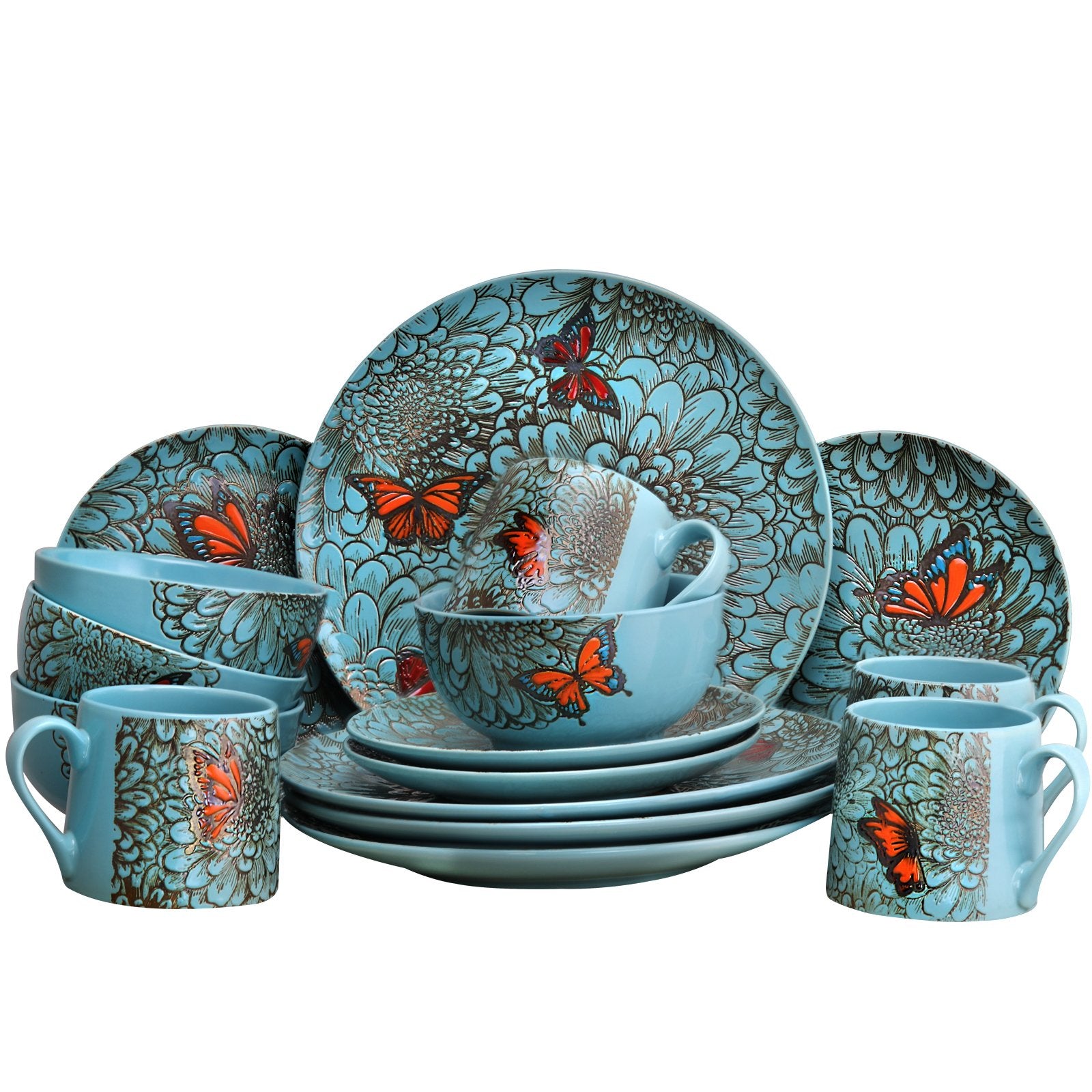 Elama Butterfly Garden 16-Piece Stoneware Dinnerware Set – Floral Service for 4 with Plates, Bowls & Mugs (Microwave & Dishwasher Safe)