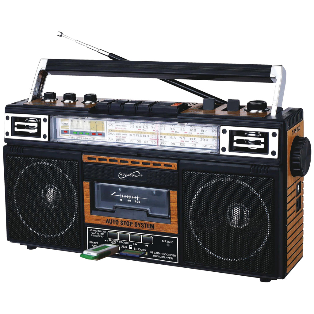 SuperSonic SC-3201BT 4-Band Radio & Cassette Player with Cassette-to-MP3 Converter and Bluetooth - Wood Finish