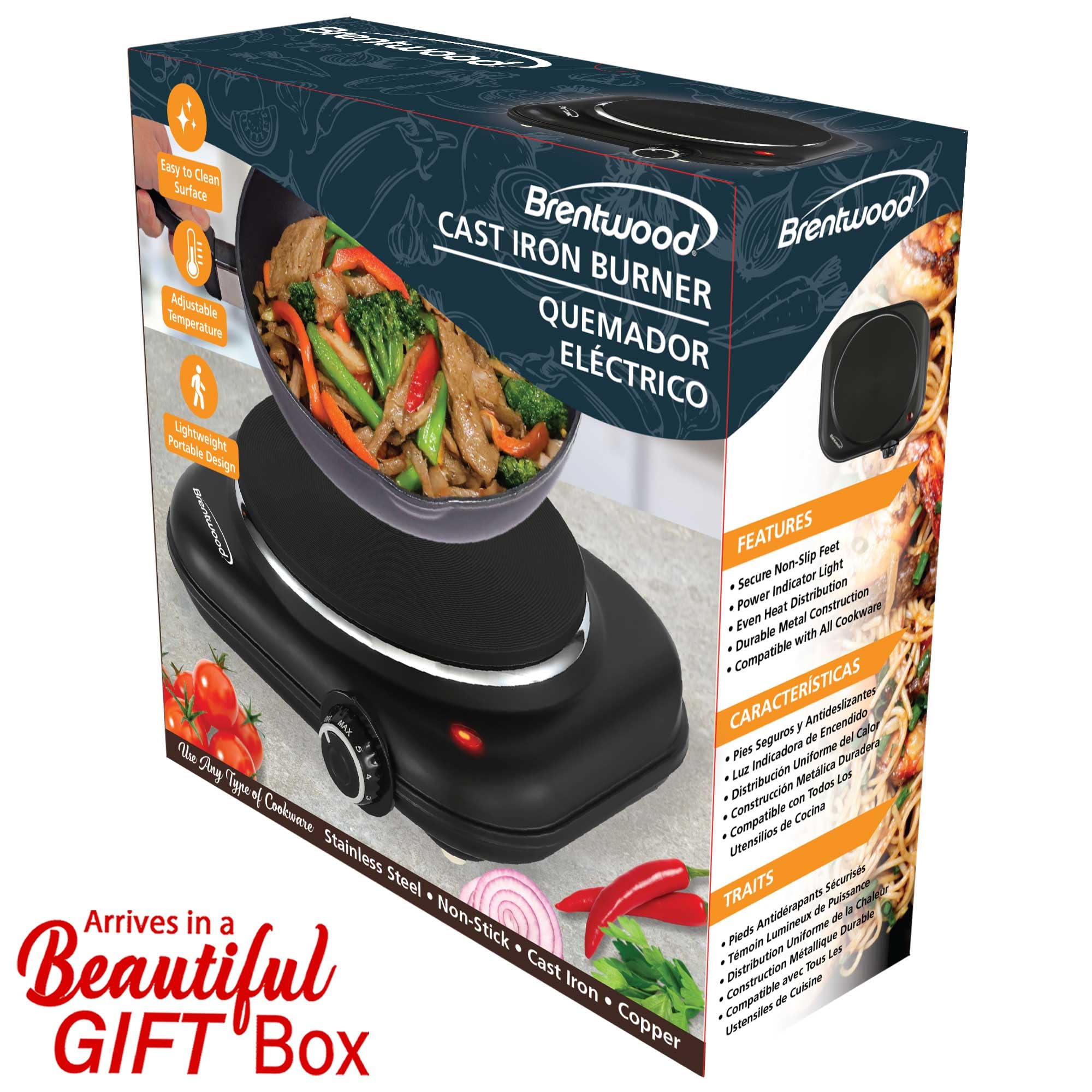 Brentwood TS-331BK 1100W Single Cast Iron Burner Hot Plate - Black, 6.5-Inch Plate with Temperature Control, Works with Any Cookware