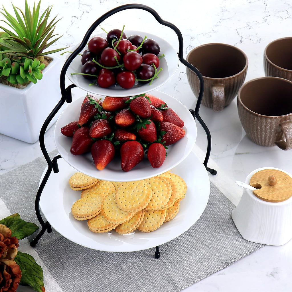 Elama 3-Tier Round Plate Porcelain Serveware Set – White Tiered Stand for Desserts, Tea Parties & Charcuterie