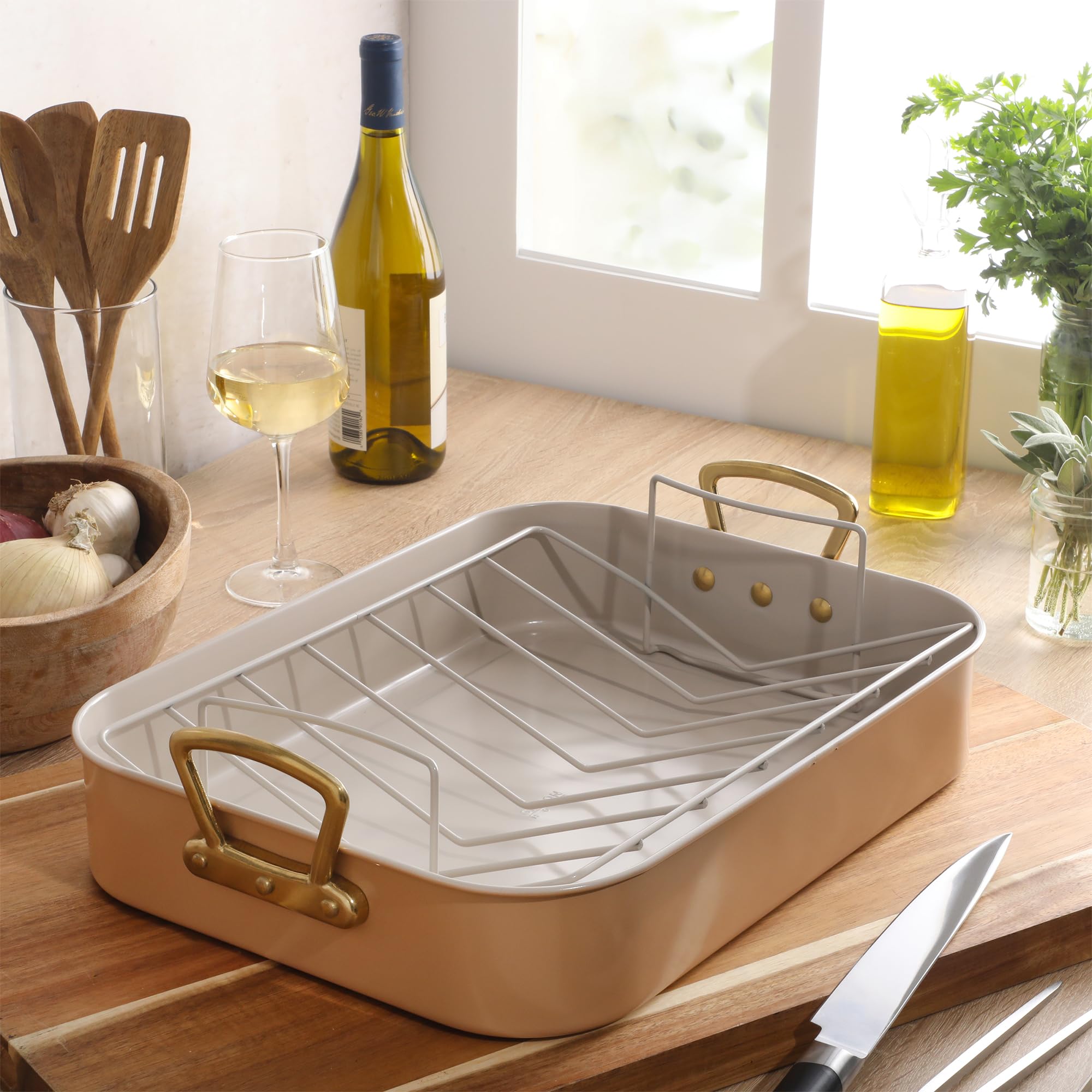 Gibson Home Broxton 2-Piece Carbon Steel Nonstick Roaster Pan with Rack, Apricot