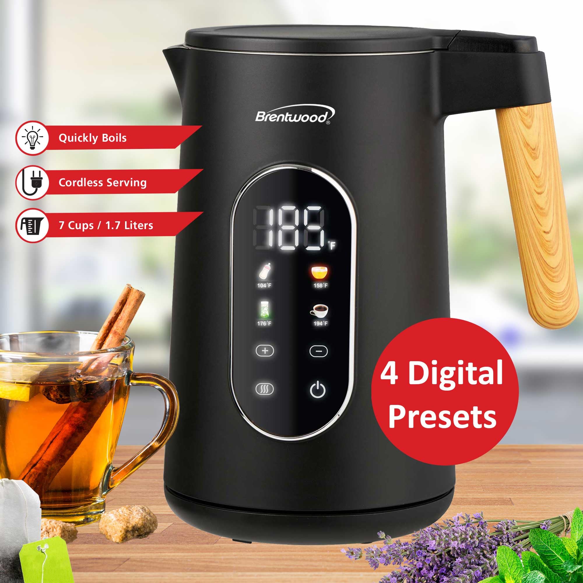 Brentwood KT-2014DBK 1.7L Cordless Digital Electric Kettle - Black, 1100W with 13 Temperature Levels, 4 Presets & 2-Hour Keep Warm