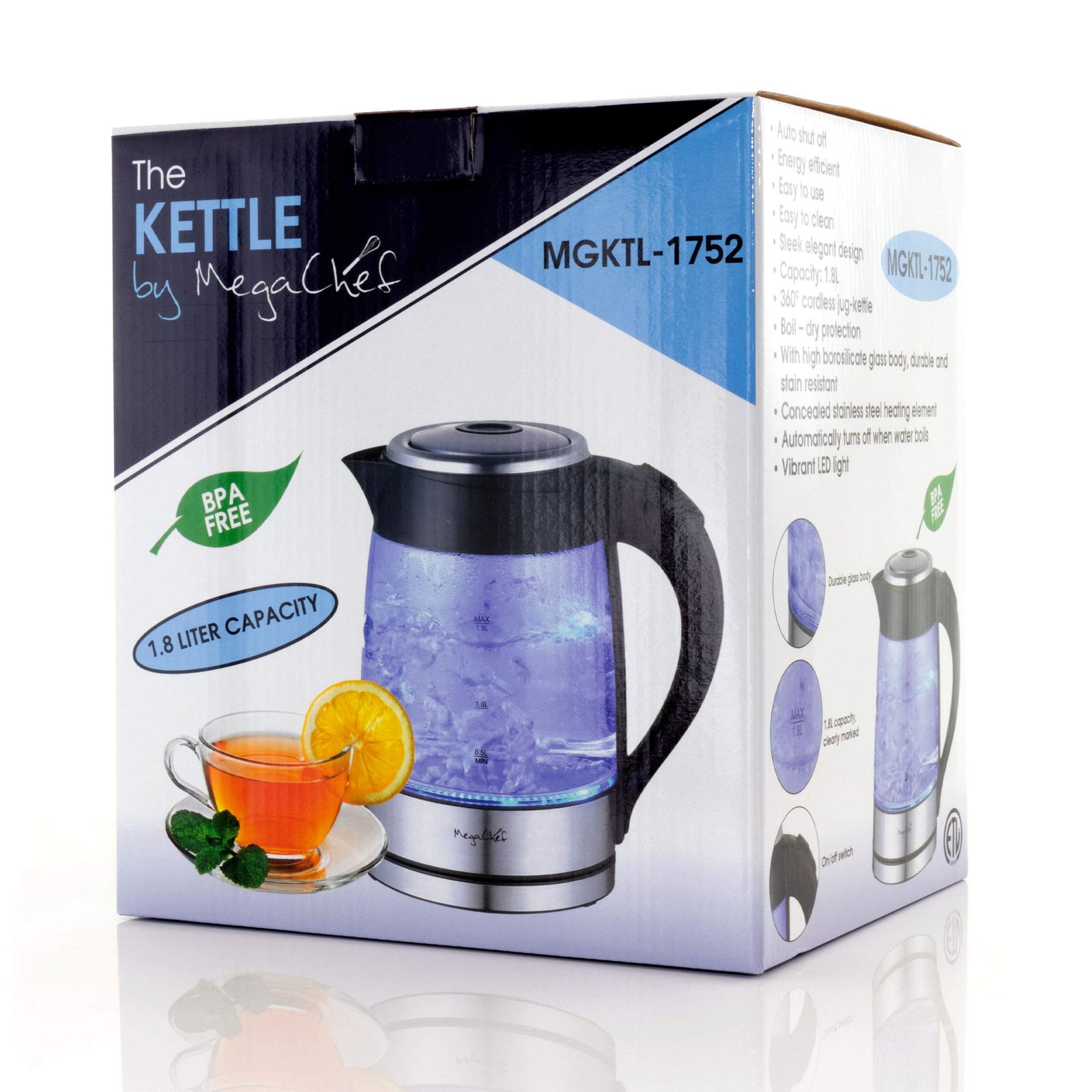 Megachef Glass and Stainless Steel Electric Tea Kettle, 1.8 L Cordless Borosilicate Kettle with LED and Auto Shut-Off