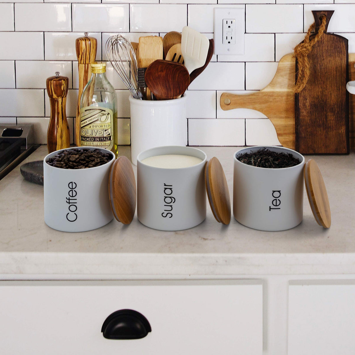 Kitchen Canister Set with Bread Box, 4-Piece with Bamboo Lids, Matte White, by MegaChef
