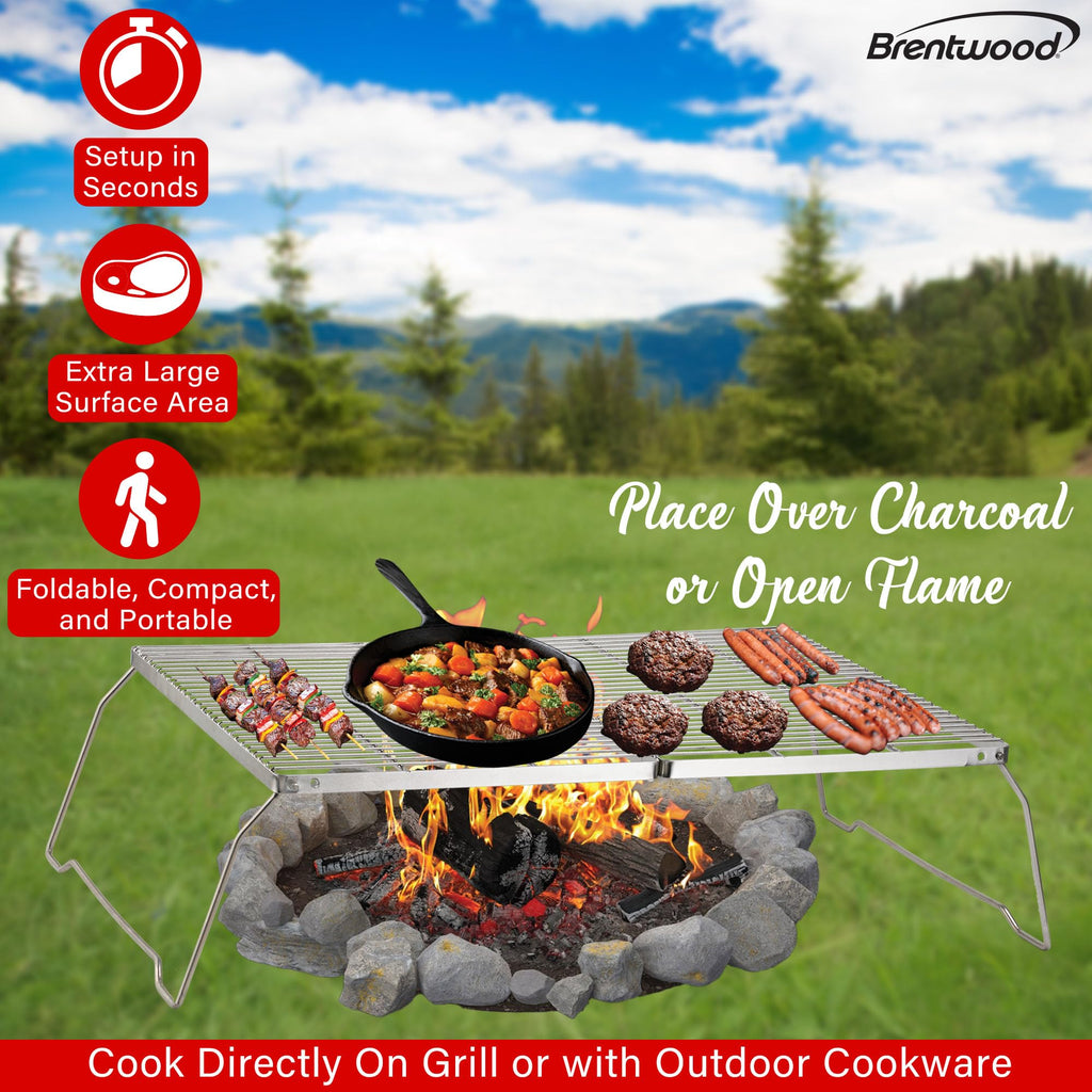 Brentwood BB-17X25SS 25 x 17 in Heavy-Duty Stainless Steel Portable Folding Campfire Grill with Carry Bag
