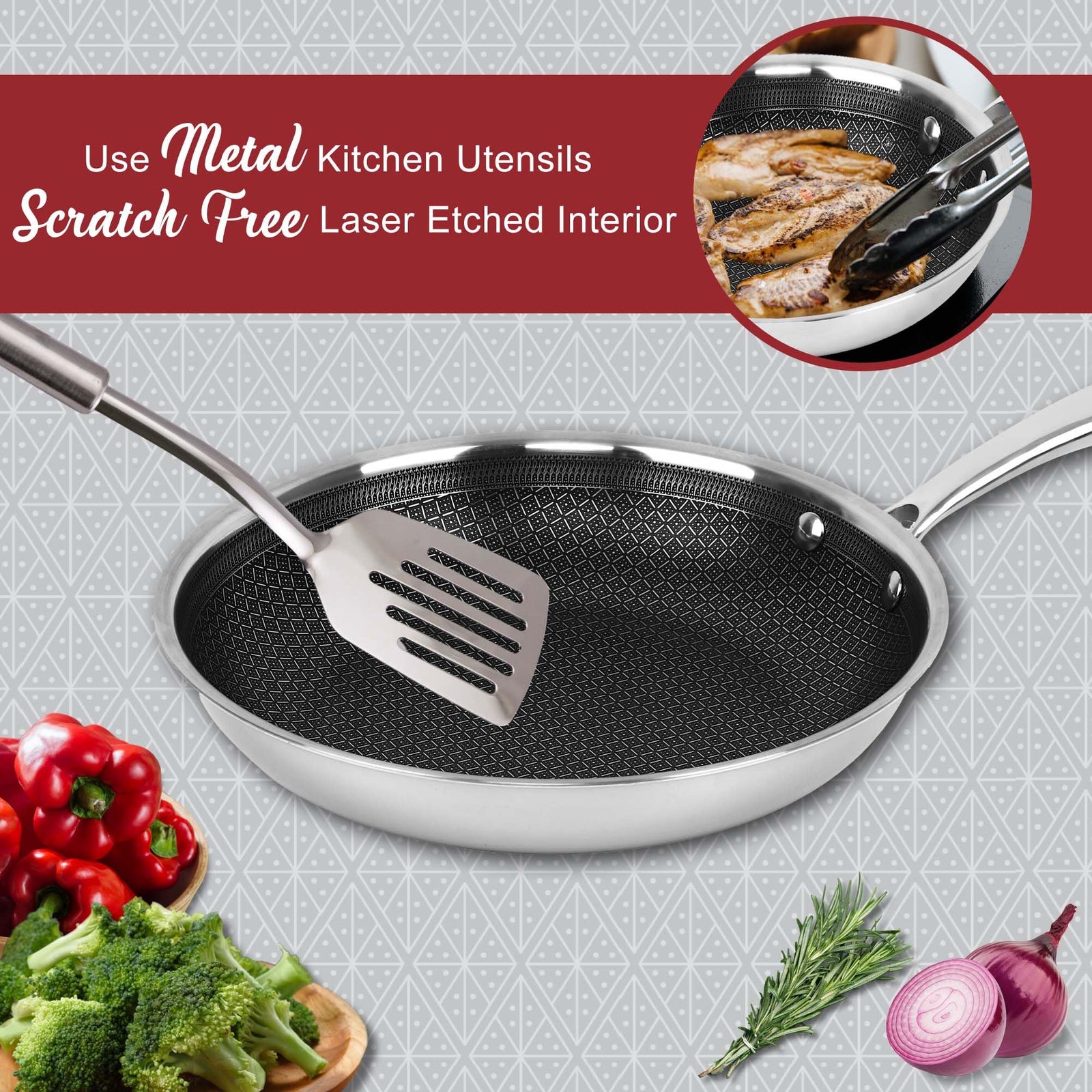 Brentwood B-FH24 9.5-Inch 3-Ply Hybrid Non-Stick Stainless Steel Induction-Ready Frying Pan