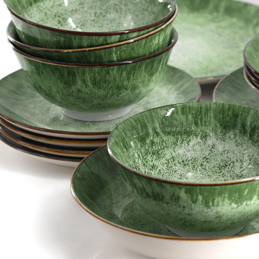 Elama Oceanus 16-Piece Round Porcelain Double Bowl Dinnerware Set, Service for 4, Green
