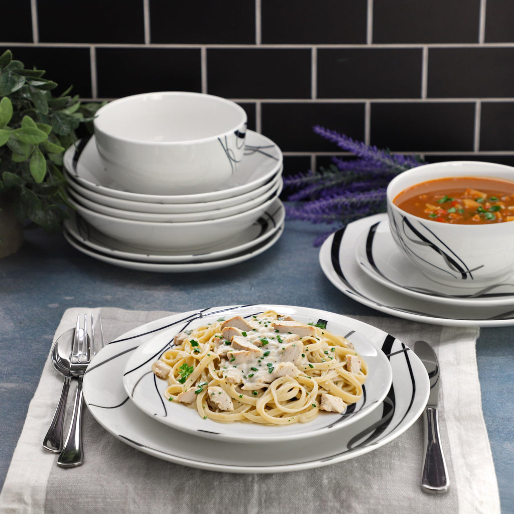 Elama Sarah 16 Piece Porcelain Double Bowl Black Ribbon Dinnerware Set, Service for 4 in White and Black