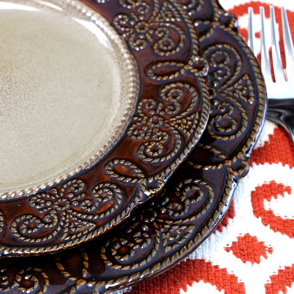 Elama Salia 16-Piece Stoneware Dinnerware Set – Service for 4 | Brown Textured Rim
