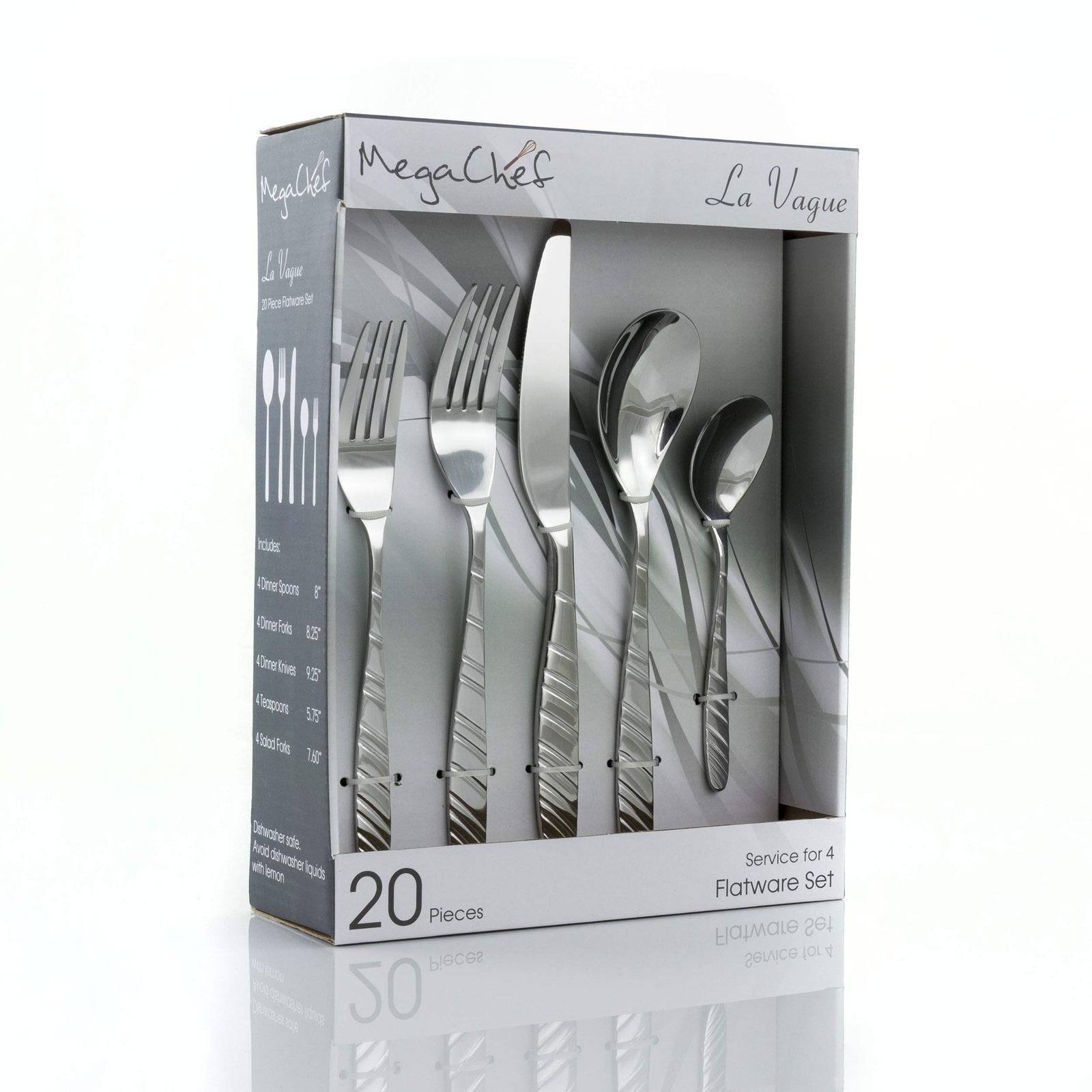 MegaChef La Vague 20-Piece Stainless Steel Flatware Set, Silver, Service for 4