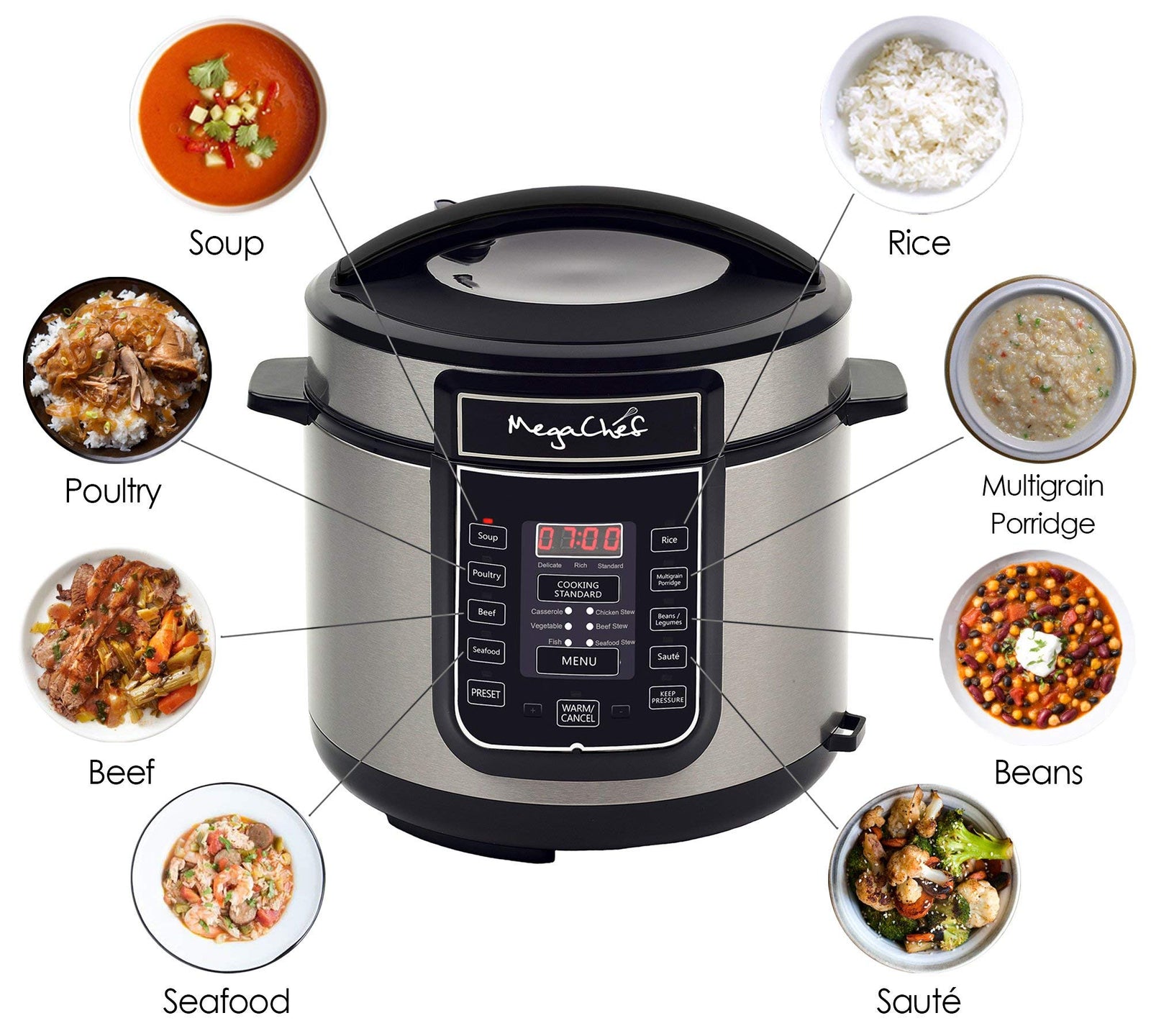 MegaChef 6-Quart Digital Pressure Cooker & Electric Multi-Cooker, 14 Presets, Stainless Steel Pot, Silver