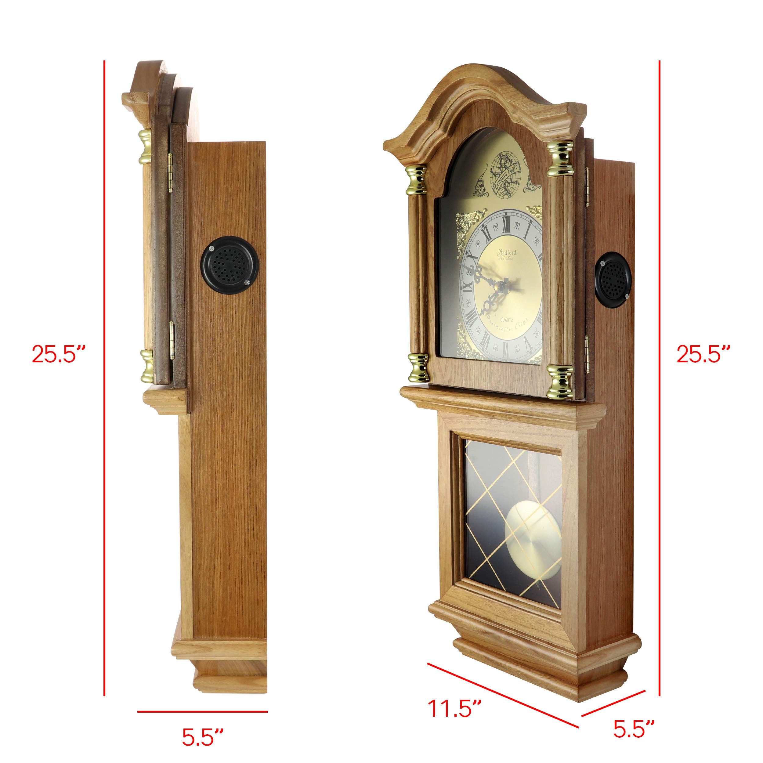Bedford Clock Collection Classic 26" Golden Oak Chiming Wall Clock with Swinging Pendulum – Quartz Westminster Chimes & Roman Numeral Metal Dial