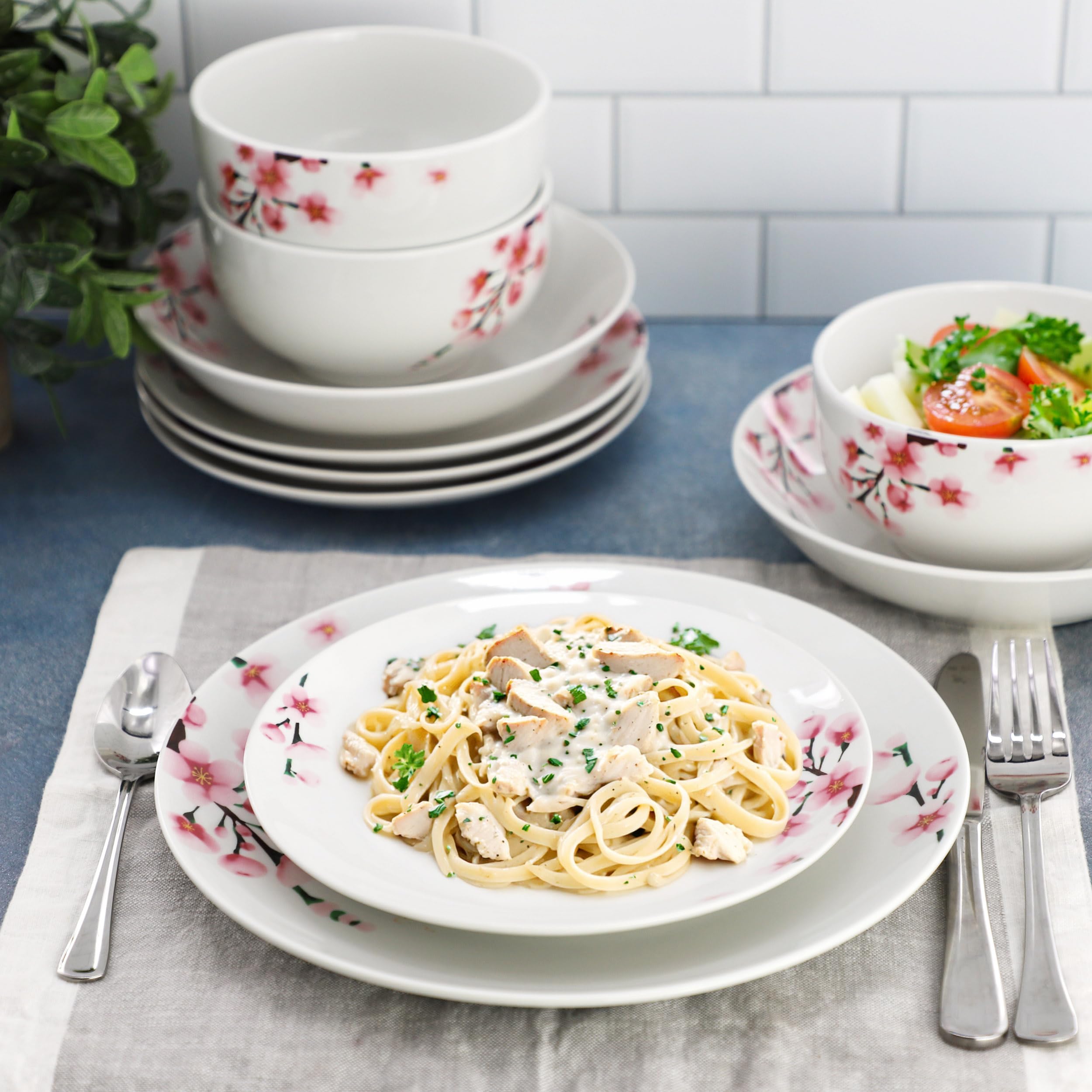 Elama Tamara 16-Piece Cherry Blossom Porcelain Dinnerware Set – White & Pink Service for 4