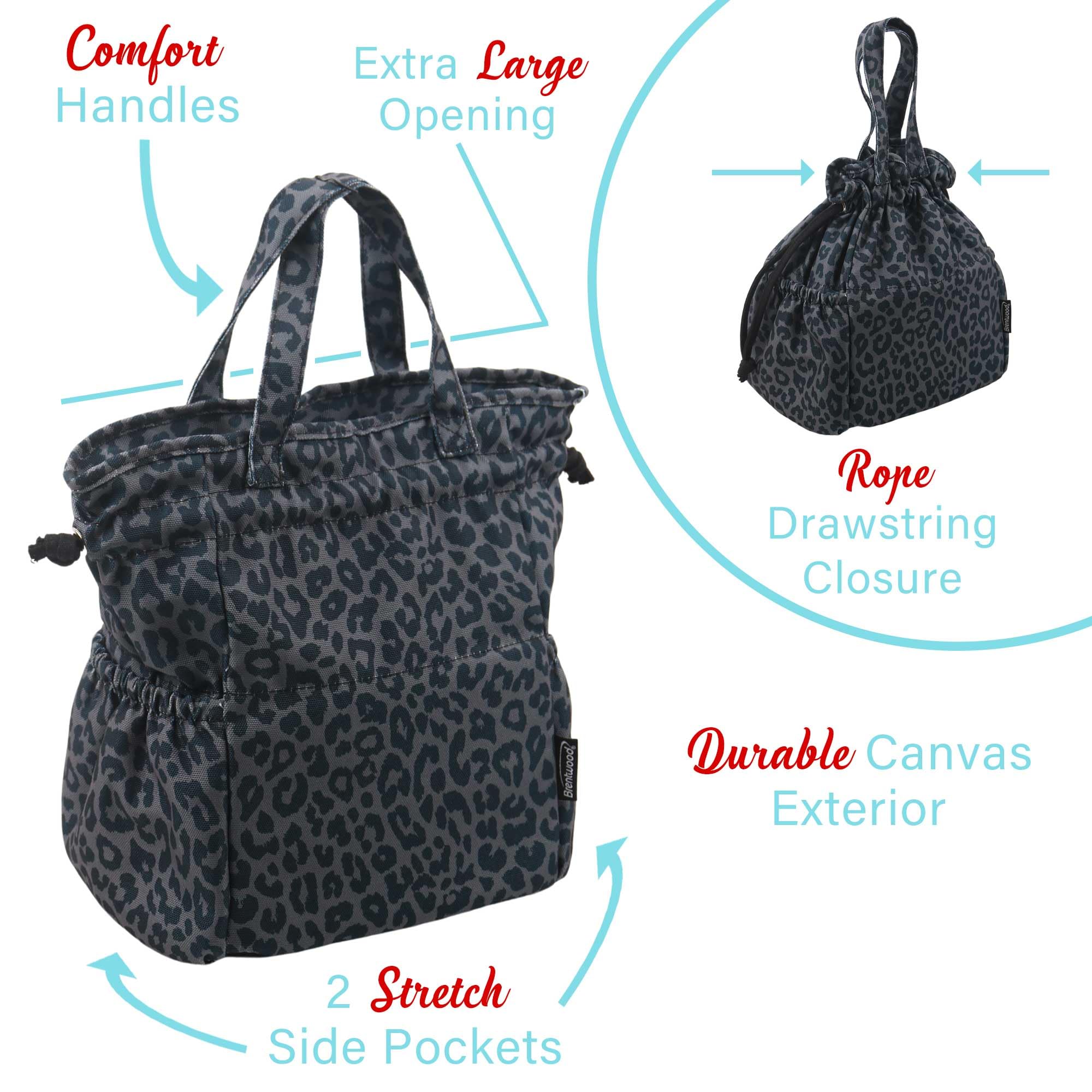 Brentwood CB-2025LGRY Large 10L Insulated Canvas Lunch Tote Cooler Bag - Leopard Grey, 12-Can Capacity with 2 Pockets