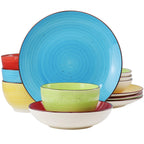 Elama Mason 12-Piece Double Bowl Stoneware Dinnerware Set – Assorted Yellow, Turquoise, Lime & Red (Service for 4)