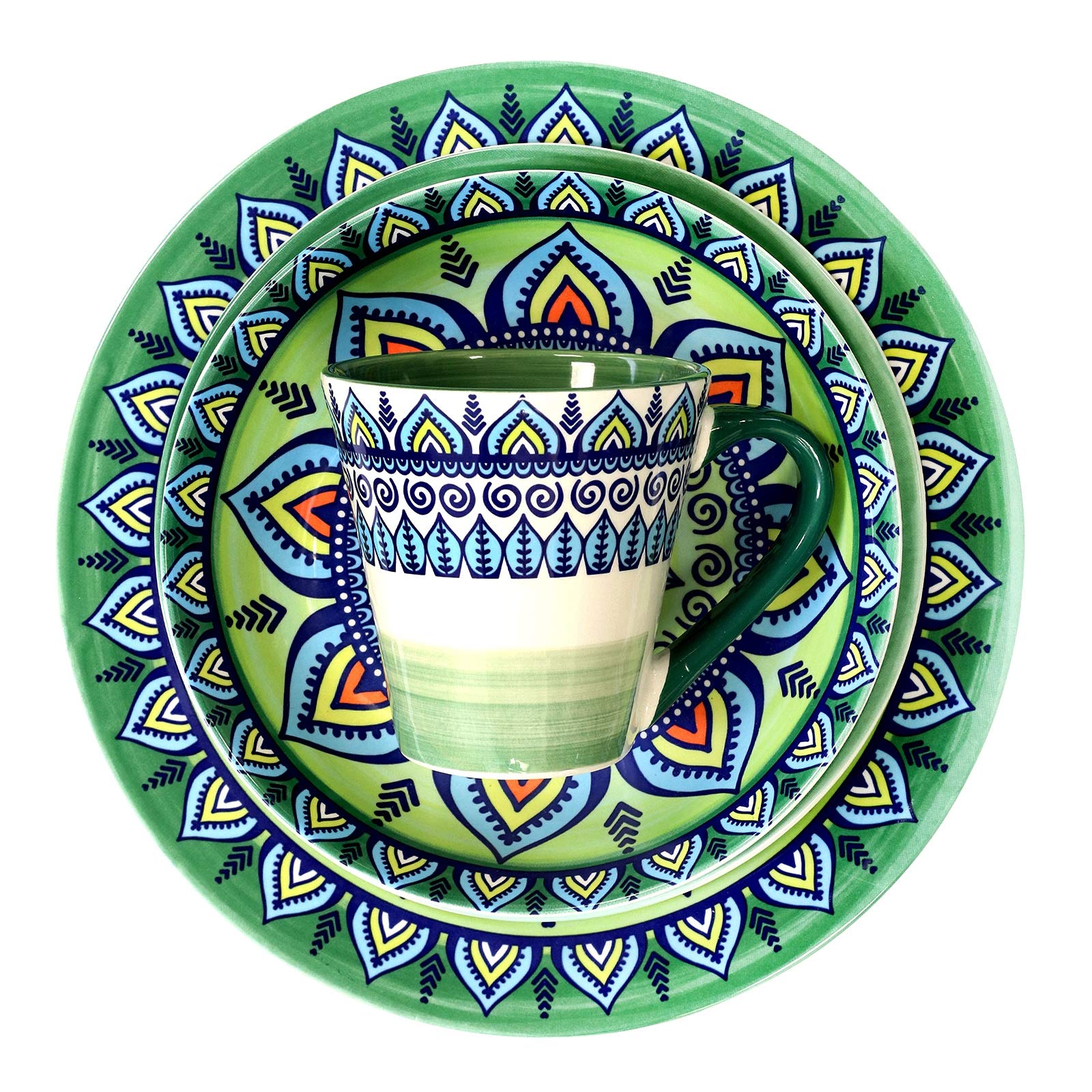 Elama Zen Green Mozaik 16-Piece Stoneware Dinnerware Set – Bohemian Mosaic | Service for 4